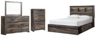 Drystan Queen Bookcase Bed with 4 Storage Drawers with Mirrored Dresser and Chest Huntsville Furniture Outlet