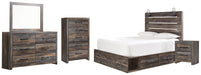 Drystan Queen Panel Bed with 4 Storage Drawers with Mirrored Dresser, Chest and Nightstand Huntsville Furniture Outlet