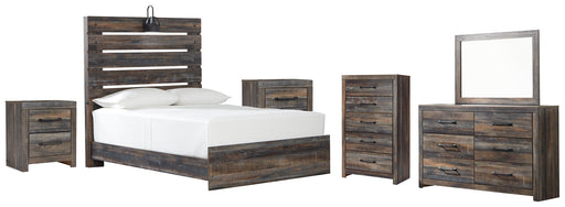 Drystan Queen Panel Bed with Mirrored Dresser, Chest and 2 Nightstands Huntsville Furniture Outlet