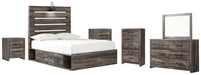 Drystan Twin Panel Bed with 2 Storage Drawers with Mirrored Dresser, Chest and 2 Nightstands Huntsville Furniture Outlet