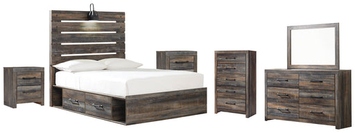 Drystan Twin Panel Bed with 2 Storage Drawers with Mirrored Dresser, Chest and 2 Nightstands Huntsville Furniture Outlet