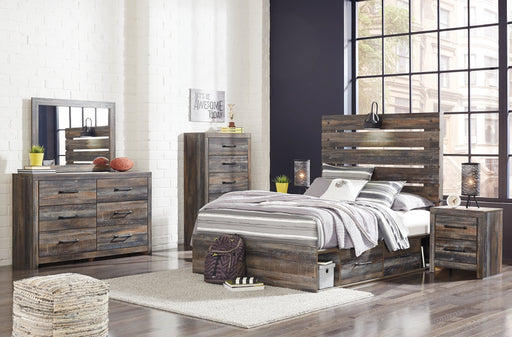 Drystan Twin Panel Bed with 2 Storage Drawers with Mirrored Dresser, Chest and Nightstand Huntsville Furniture Outlet