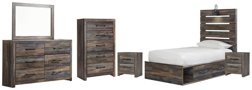 Drystan Twin Panel Bed with 4 Storage Drawers with Mirrored Dresser, Chest and 2 Nightstands Huntsville Furniture Outlet