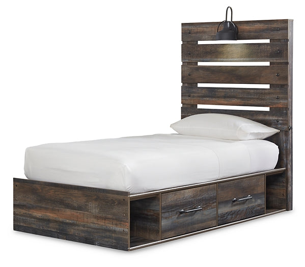 Drystan Twin Panel Bed with 4 Storage Drawers with Mirrored Dresser, Chest and 2 Nightstands Huntsville Furniture Outlet