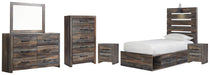 Drystan Twin Panel Bed with 4 Storage Drawers with Mirrored Dresser, Chest and 2 Nightstands Huntsville Furniture Outlet