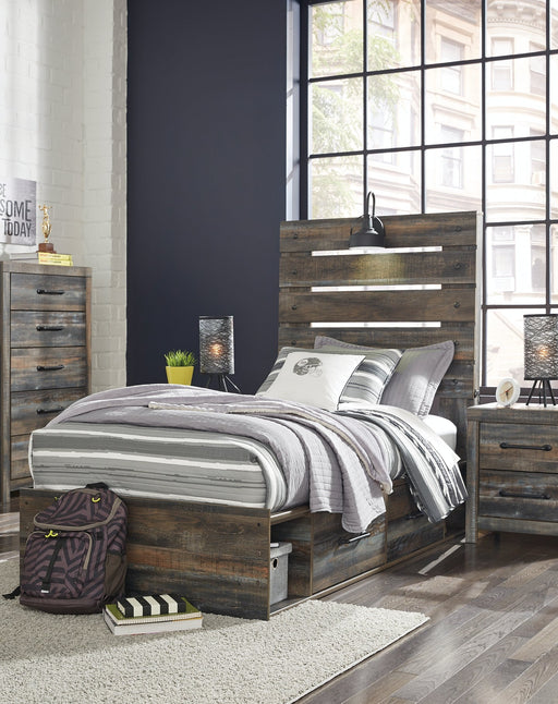 Drystan Twin Panel Bed with 4 Storage Drawers with Mirrored Dresser, Chest and Nightstand Huntsville Furniture Outlet