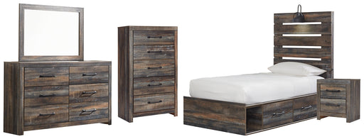 Drystan Twin Panel Bed with 4 Storage Drawers with Mirrored Dresser, Chest and Nightstand Huntsville Furniture Outlet