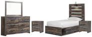 Drystan Twin Panel Bed with 4 Storage Drawers with Mirrored Dresser and 2 Nightstands Huntsville Furniture Outlet