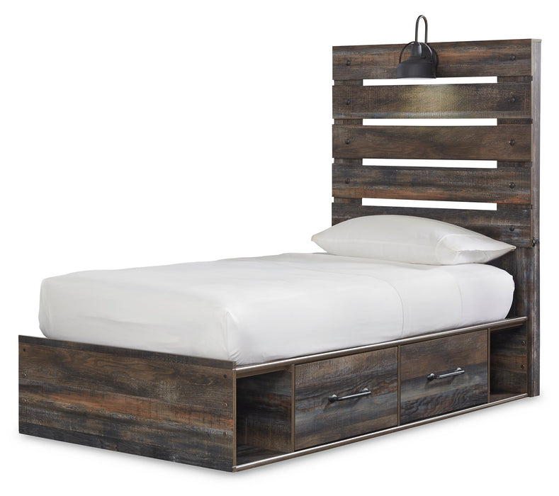 Drystan Twin Panel Bed with 4 Storage Drawers with Mirrored Dresser and 2 Nightstands Huntsville Furniture Outlet