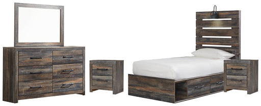 Drystan Twin Panel Bed with 4 Storage Drawers with Mirrored Dresser and 2 Nightstands Huntsville Furniture Outlet
