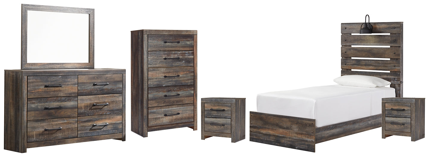 Drystan Twin Panel Bed with Mirrored Dresser, Chest and 2 Nightstands Huntsville Furniture Outlet