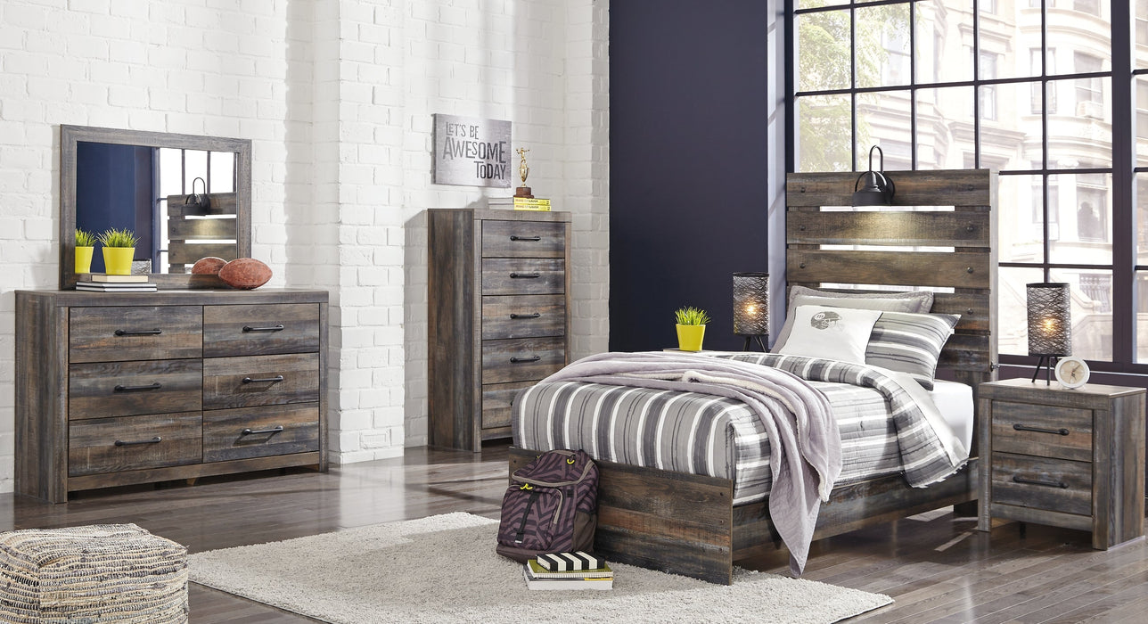 Drystan Twin Panel Bed with Mirrored Dresser, Chest and 2 Nightstands Huntsville Furniture Outlet
