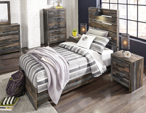 Drystan Twin Panel Bed with Mirrored Dresser, Chest and Nightstand Huntsville Furniture Outlet