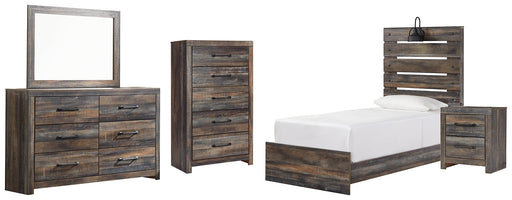 Drystan Twin Panel Bed with Mirrored Dresser, Chest and Nightstand Huntsville Furniture Outlet