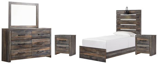 Drystan Twin Panel Bed with Mirrored Dresser and 2 Nightstands Huntsville Furniture Outlet