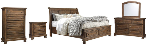 Flynnter Queen Sleigh Bed with 2 Storage Drawers with Mirrored Dresser, Chest and Nightstand Huntsville Furniture Outlet