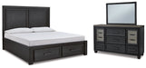Foyland California King Panel Storage Bed with Mirrored Dresser Huntsville Furniture Outlet