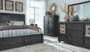 Foyland California King Panel Storage Bed with Mirrored Dresser and Chest Huntsville Furniture Outlet