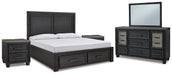Foyland Queen Panel Storage Bed with Mirrored Dresser and 2 Nightstands Huntsville Furniture Outlet