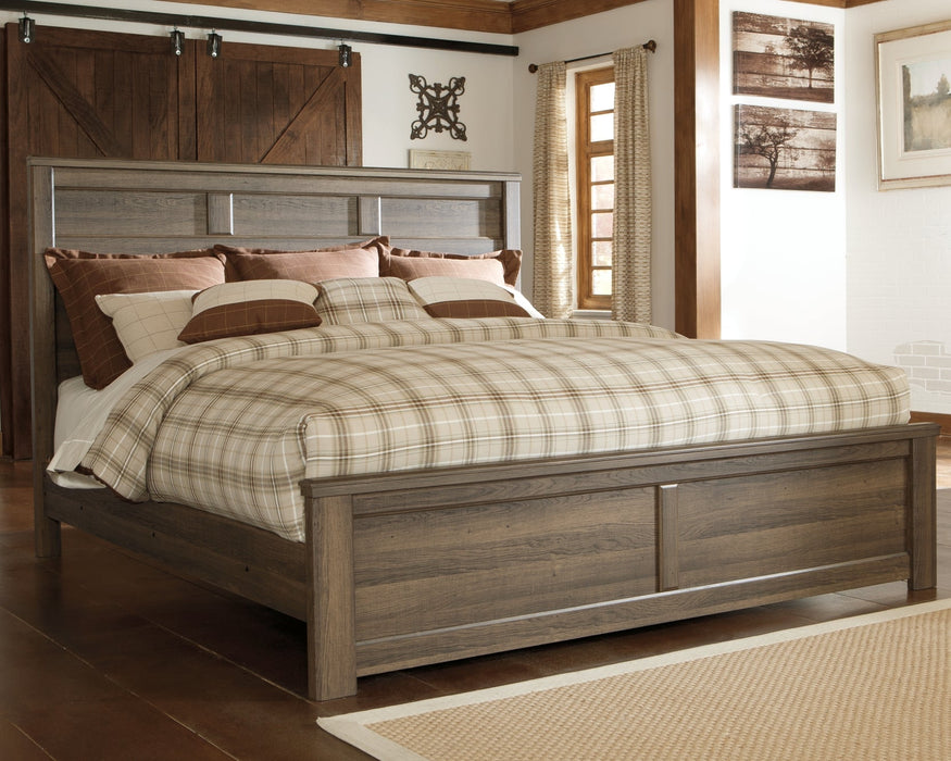 Juararo King Panel Bed with Mirrored Dresser, Chest and Nightstand Huntsville Furniture Outlet