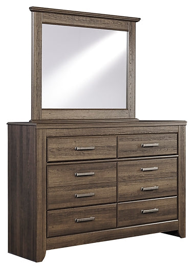 Juararo King Panel Bed with Mirrored Dresser, Chest and Nightstand Huntsville Furniture Outlet