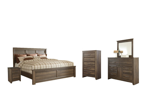 Juararo Queen Panel Bed with Mirrored Dresser, Chest and Nightstand Huntsville Furniture Outlet