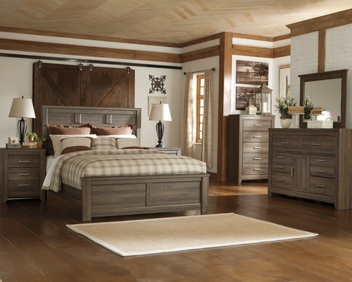 Juararo Queen Panel Bed with Mirrored Dresser, Chest and Nightstand Huntsville Furniture Outlet
