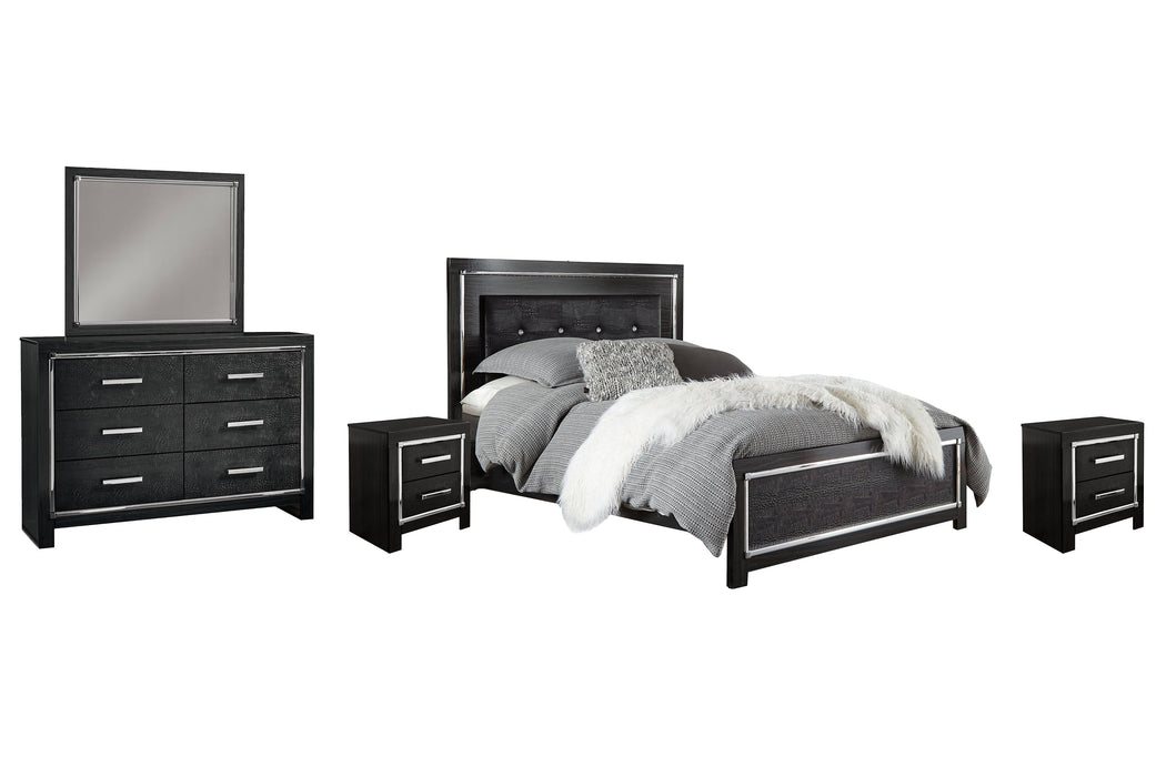Kaydell King Upholstered Panel Bed with Mirrored Dresser and 2 Nightstands Huntsville Furniture Outlet