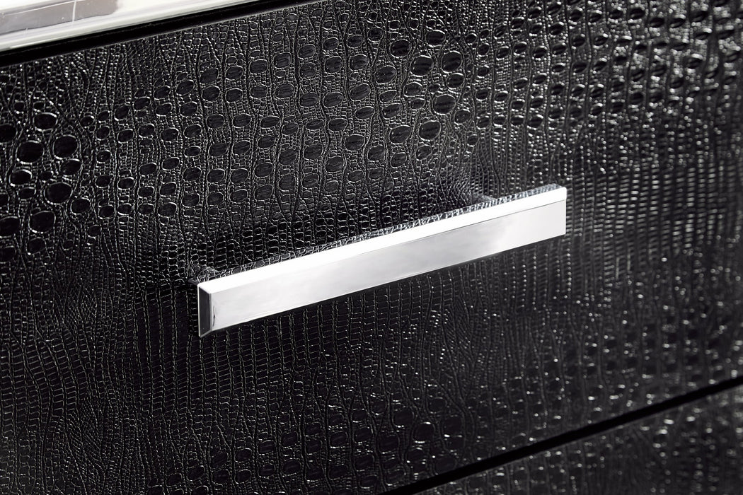 Kaydell King Upholstered Panel Headboard with Mirrored Dresser Huntsville Furniture Outlet