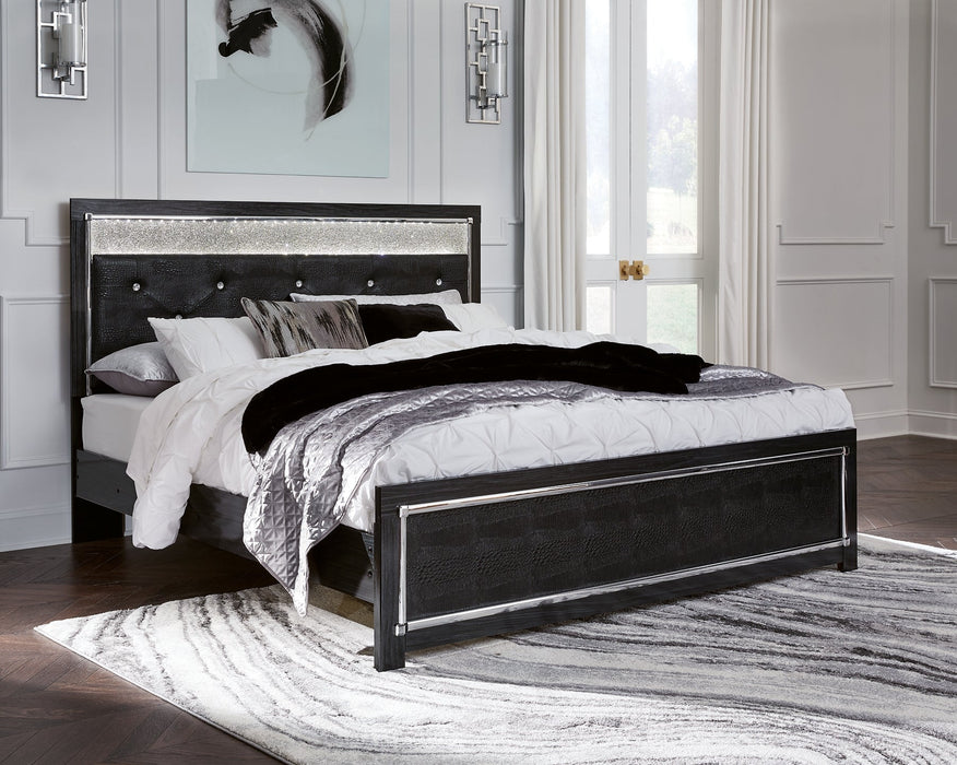 Kaydell King Upholstered Panel Platform Bed with Mirrored Dresser, Chest and Nightstand Huntsville Furniture Outlet