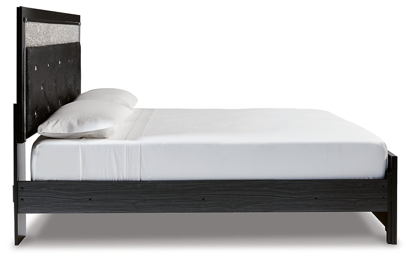 Kaydell King Upholstered Panel Platform Bed with Mirrored Dresser Huntsville Furniture Outlet