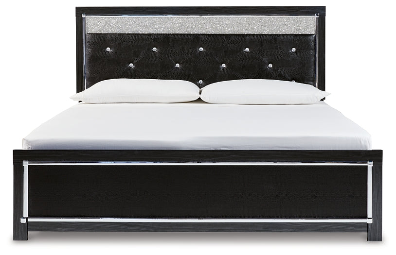 Kaydell King Upholstered Panel Platform Bed with Mirrored Dresser and 2 Nightstands Huntsville Furniture Outlet