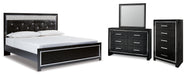 Kaydell King Upholstered Panel Platform Bed with Mirrored Dresser and Chest Huntsville Furniture Outlet