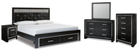 Kaydell King Upholstered Panel Storage Bed with Mirrored Dresser, Chest and Nightstand Huntsville Furniture Outlet