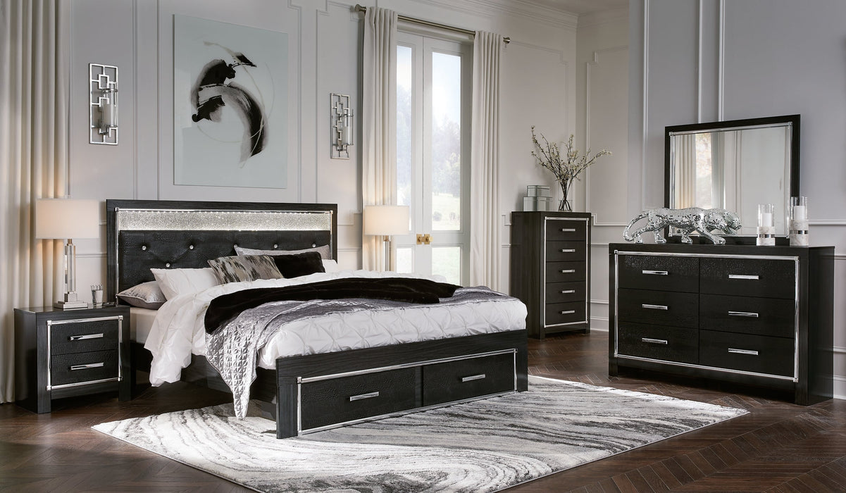 Kaydell King Upholstered Panel Storage Bed with Mirrored Dresser, Chest and Nightstand Huntsville Furniture Outlet