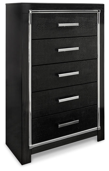 Kaydell King Upholstered Panel Storage Bed with Mirrored Dresser, Chest and Nightstand Huntsville Furniture Outlet