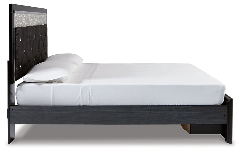 Kaydell King Upholstered Panel Storage Platform Bed with Mirrored Dresser Huntsville Furniture Outlet