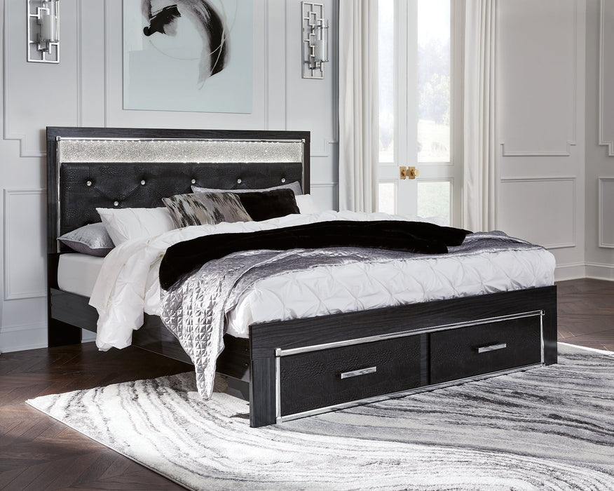 Kaydell King Upholstered Panel Storage Platform Bed with Mirrored Dresser and 2 Nightstands Huntsville Furniture Outlet