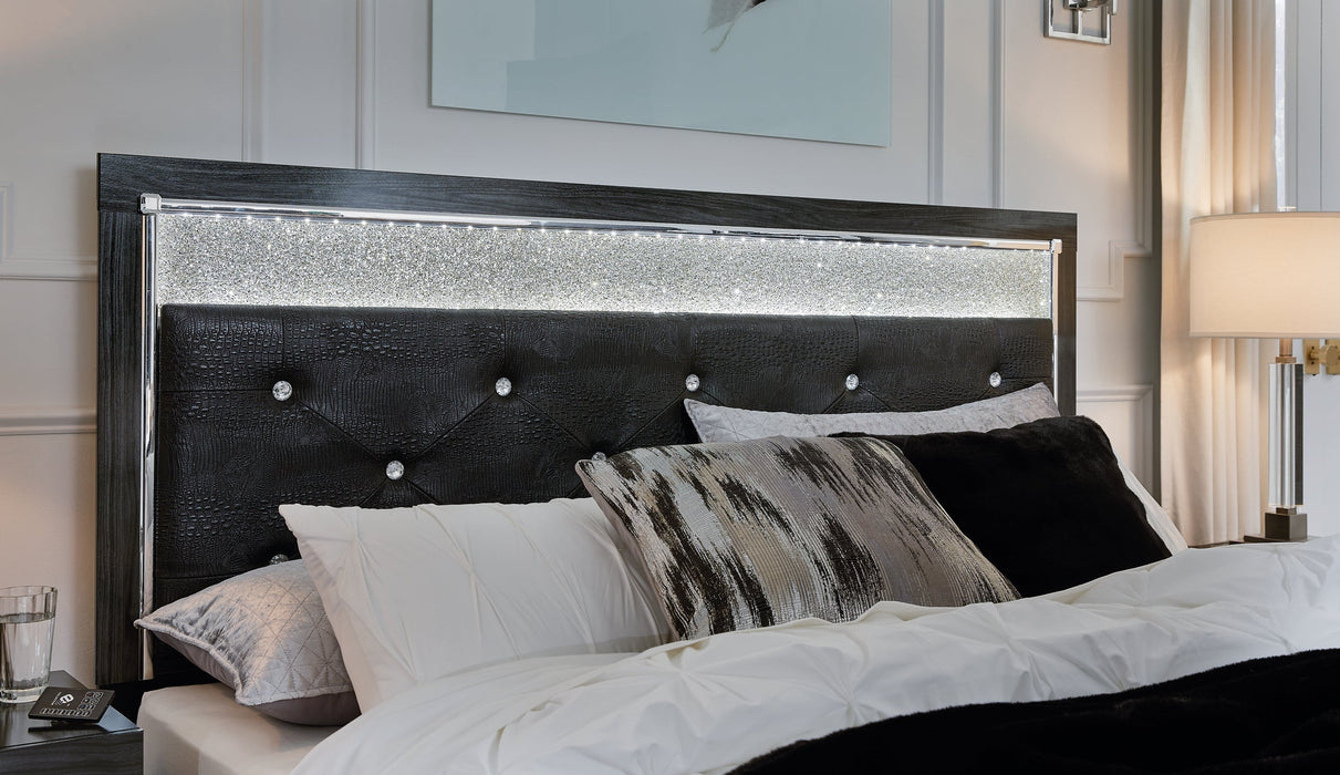 Kaydell King Upholstered Panel Storage Platform Bed with Mirrored Dresser and 2 Nightstands Huntsville Furniture Outlet