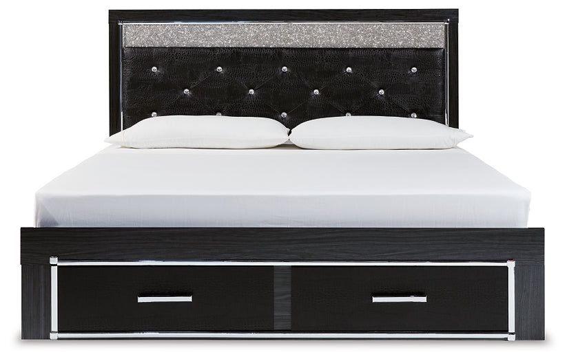 Kaydell King Upholstered Panel Storage Platform Bed with Mirrored Dresser and 2 Nightstands Huntsville Furniture Outlet