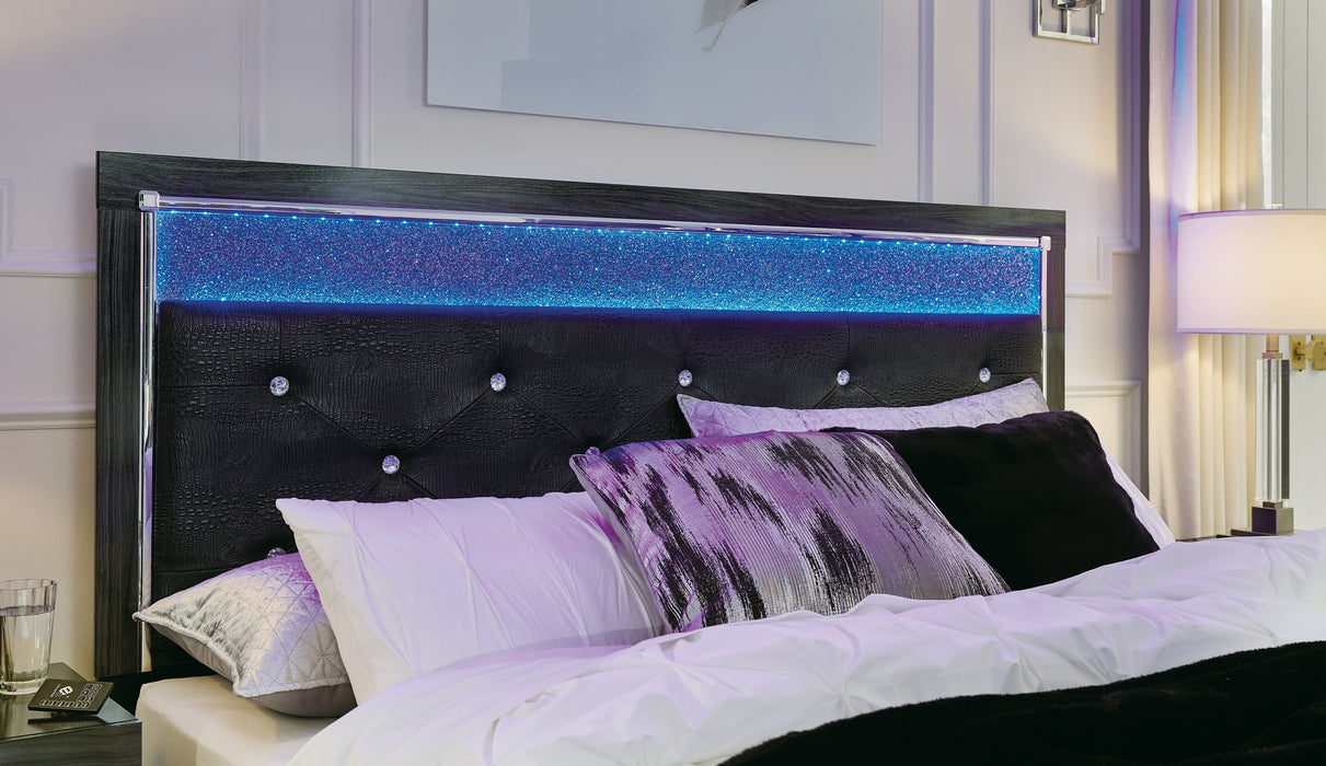 Kaydell King Upholstered Panel Storage Platform Bed with Mirrored Dresser and 2 Nightstands Huntsville Furniture Outlet