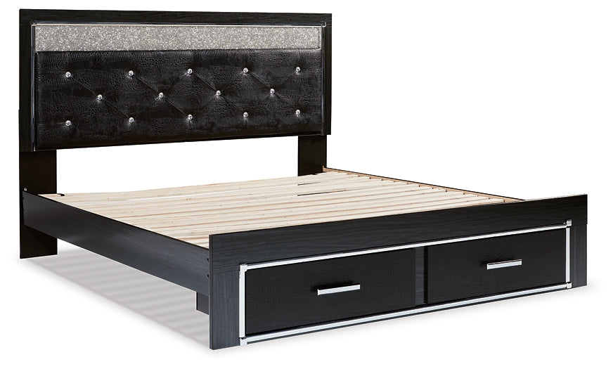 Kaydell King Upholstered Panel Storage Platform Bed with Mirrored Dresser and 2 Nightstands Huntsville Furniture Outlet