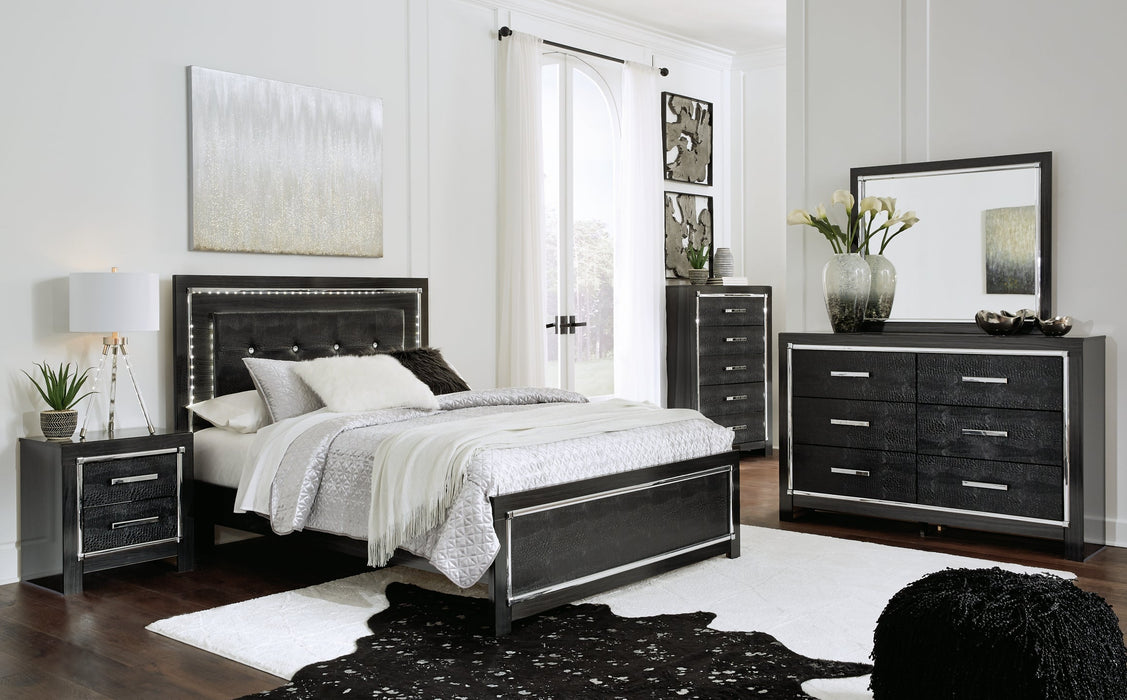 Kaydell Queen/Full Upholstered Panel Headboard with Mirrored Dresser and 2 Nightstands Huntsville Furniture Outlet