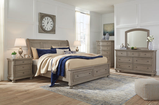 Lettner Queen Sleigh Bed with 2 Storage Drawers with Mirrored Dresser, Chest and Nightstand Huntsville Furniture Outlet