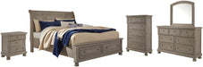 Lettner Queen Sleigh Bed with 2 Storage Drawers with Mirrored Dresser, Chest and Nightstand Huntsville Furniture Outlet