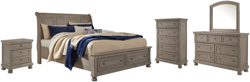 Lettner Queen Sleigh Bed with 2 Storage Drawers with Mirrored Dresser, Chest and Nightstand Huntsville Furniture Outlet