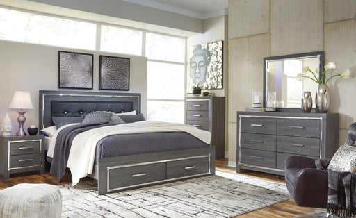 Lodanna King Panel Bed with 2 Storage Drawers with Mirrored Dresser, Chest and 2 Nightstands Huntsville Furniture Outlet