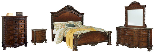North Shore Queen Panel Bed with Mirrored Dresser, Chest and Nightstand Huntsville Furniture Outlet