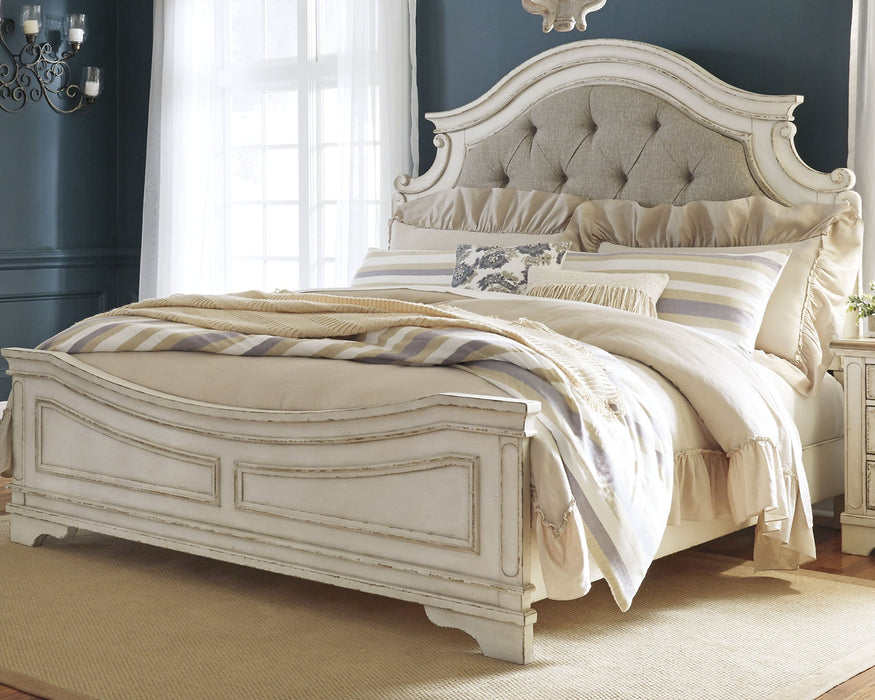 Realyn King Upholstered Panel Bed with Mirrored Dresser and 2 Nightstands Huntsville Furniture Outlet