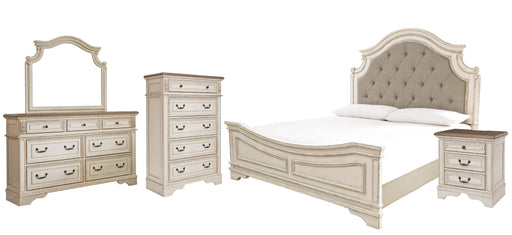 Realyn Queen Upholstered Panel Bed with Mirrored Dresser, Chest and Nightstand Huntsville Furniture Outlet